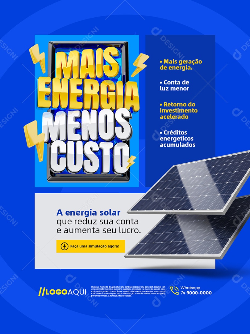 Mais Energia Menos Custo Energia Solar Mais Geração de Energia Social Media PSD Editável