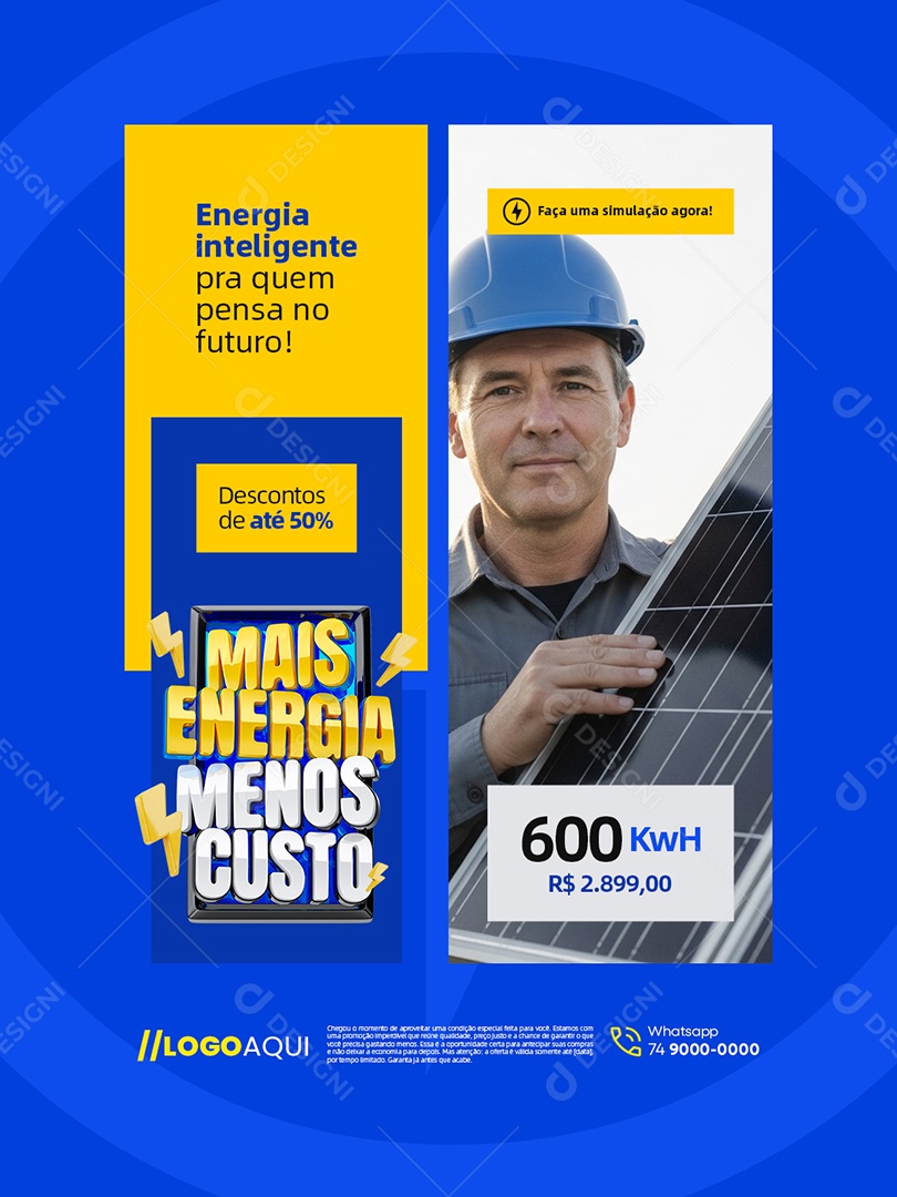 Mais Energia Menos Custo Energia Solar Descontos de Até 50% Social Media PSD Editável