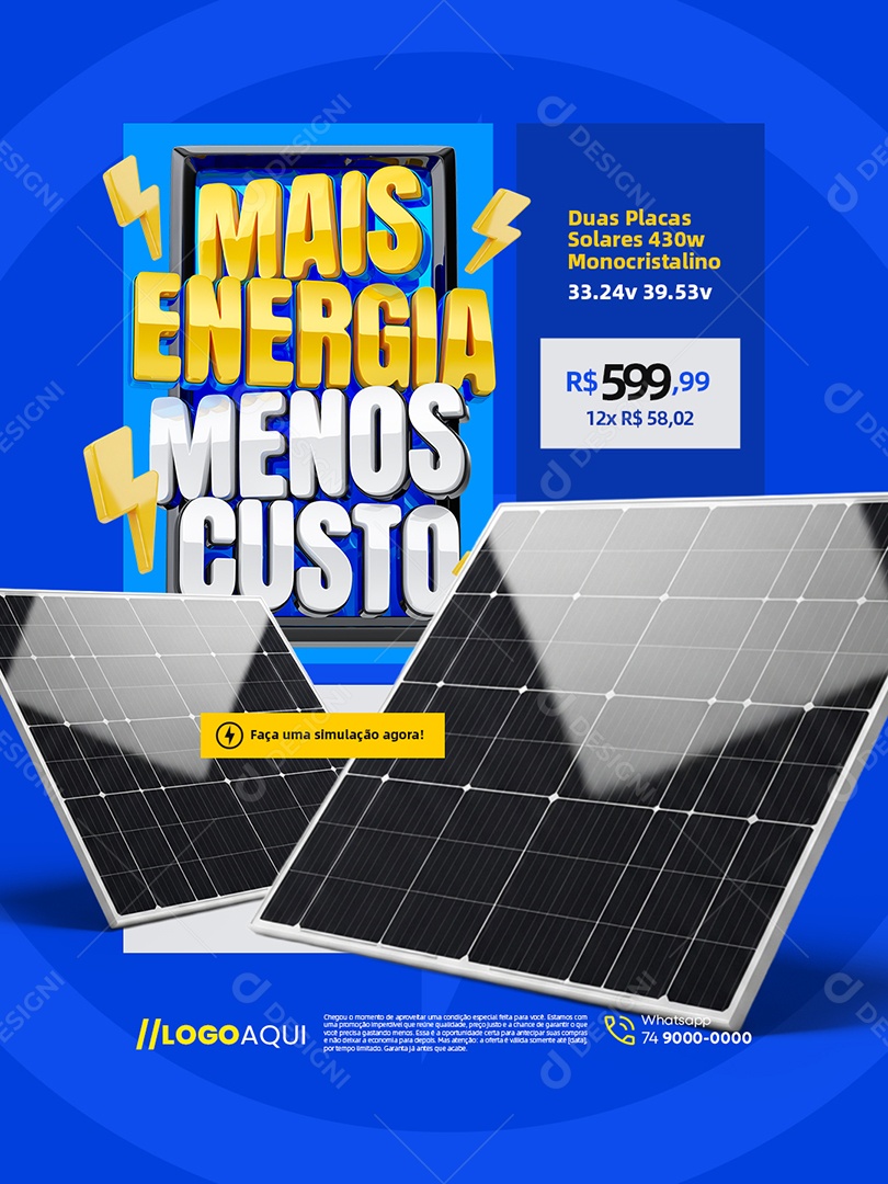 Mais Energia Menos Custo Energia Solar Duas Placas Social Media PSD Editável