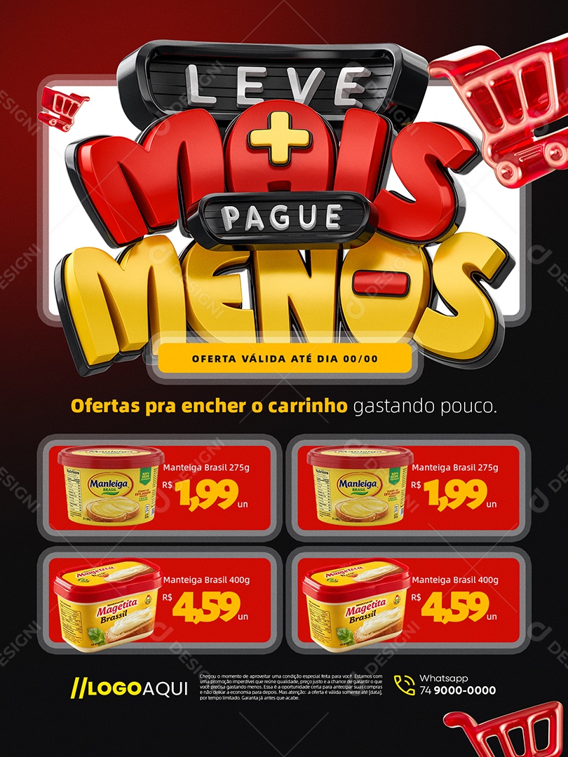 Leve Mais Pague Menos Supermercado Encarte Manteiga Oferta Social Media PSD Editável