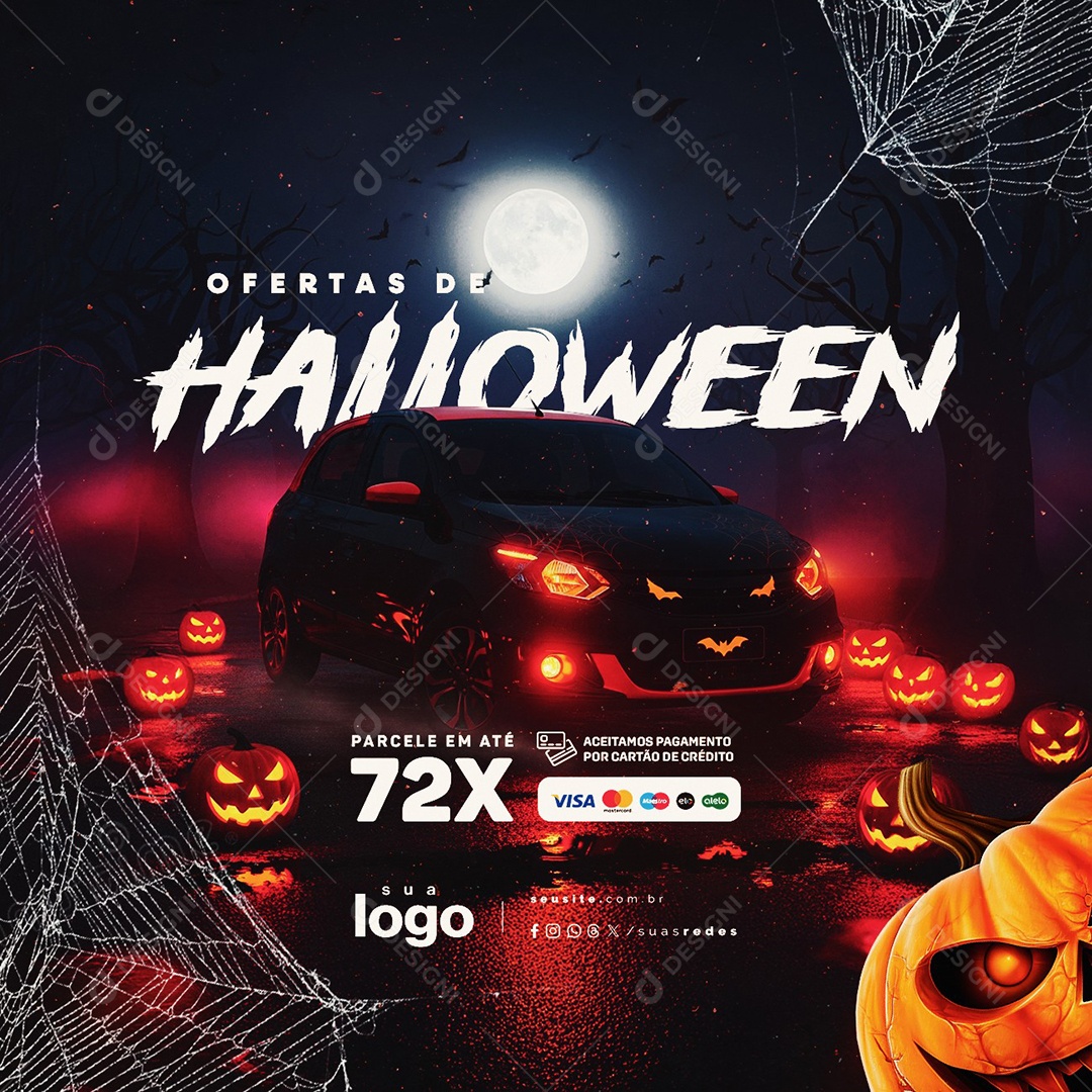 Ofertas de Halloween Concessionária Loja de Carros Parcele em Até 72x Social Media PSD Editável