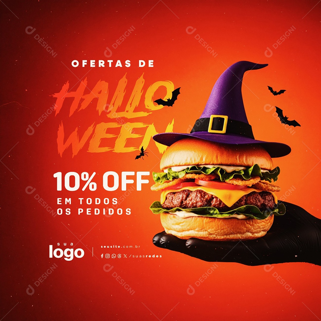 Ofertas de Halloween Hamburgueria 10% Off em Todos Os Pedidos Social Media PSD Editável