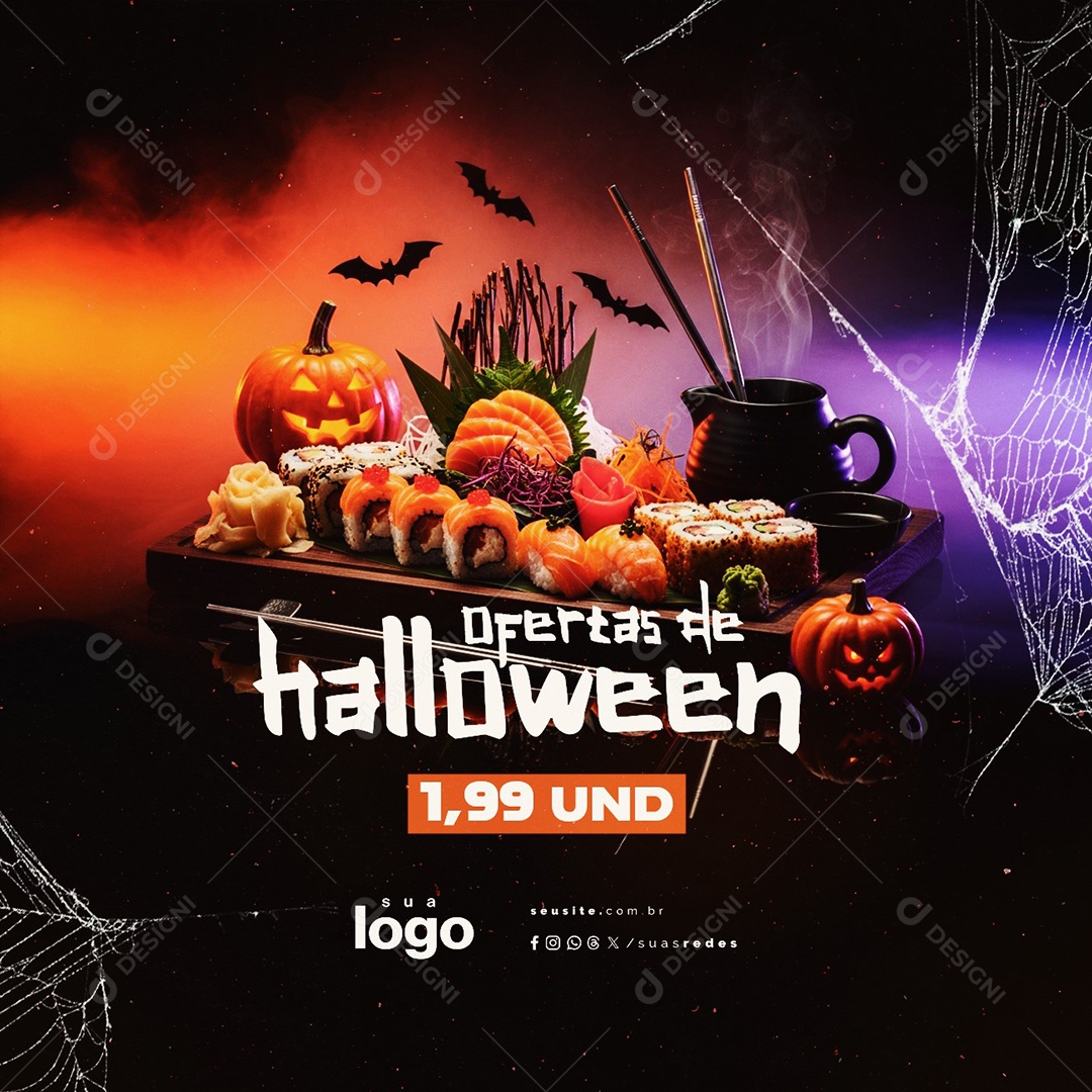 Ofertas de Halloween Comida Japonesa Sushi Social Media PSD Editável