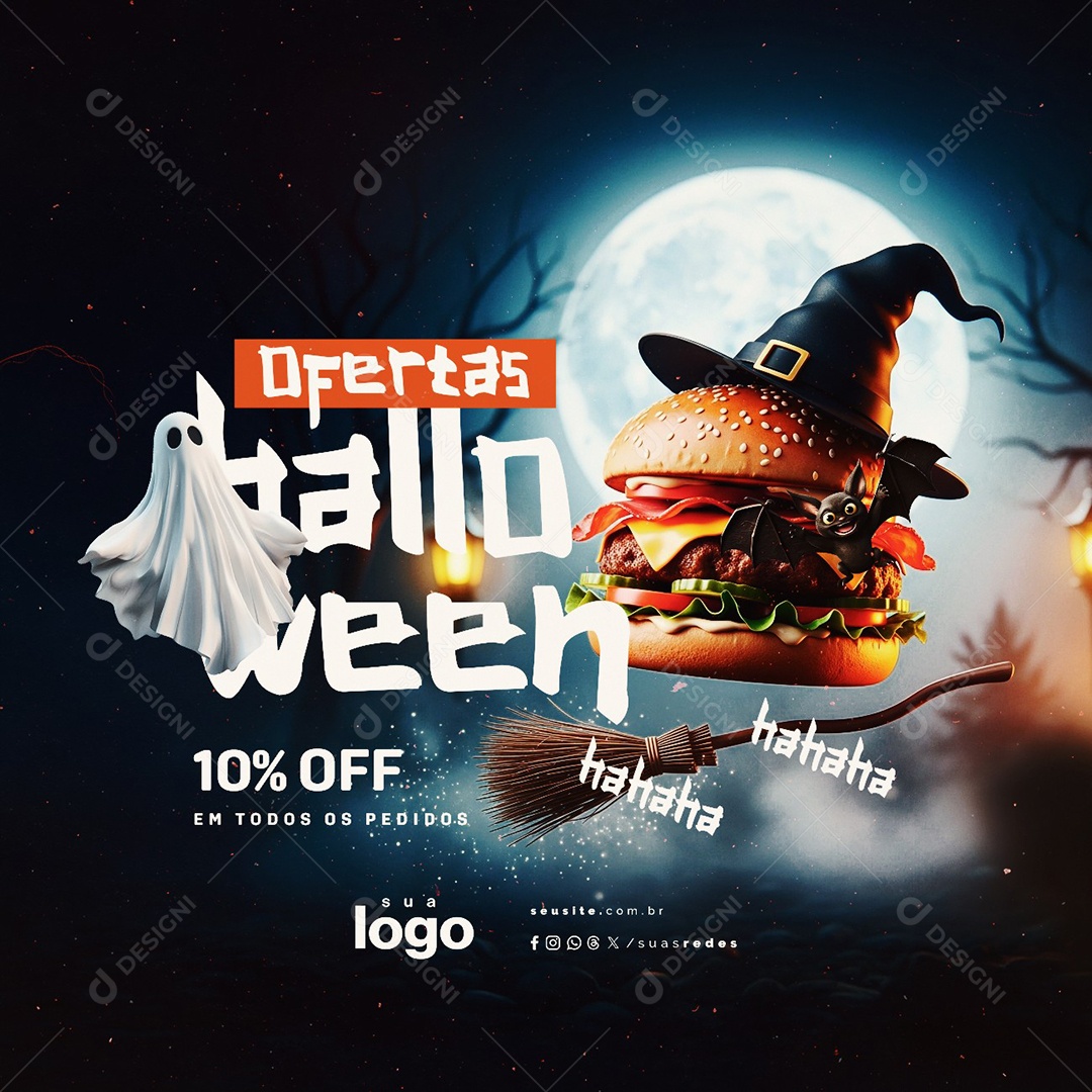 Ofertas Halloween Hamburgueria 10% Off em Todos Os Pedidos Social Media PSD Editável