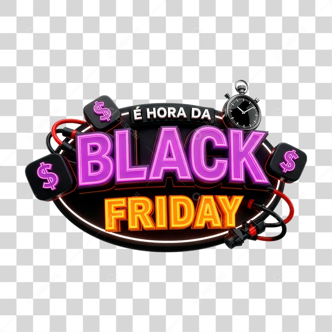 Selo 3D e Hora da Black Friday para Composição PNG Transparente