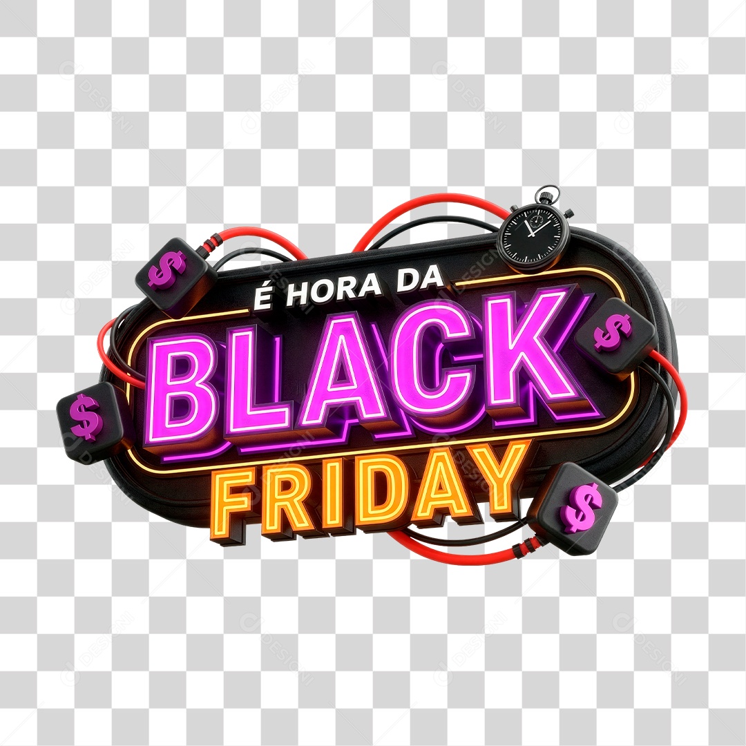 Selo 3D e Hora da Black Friday para Composição PNG Transparente