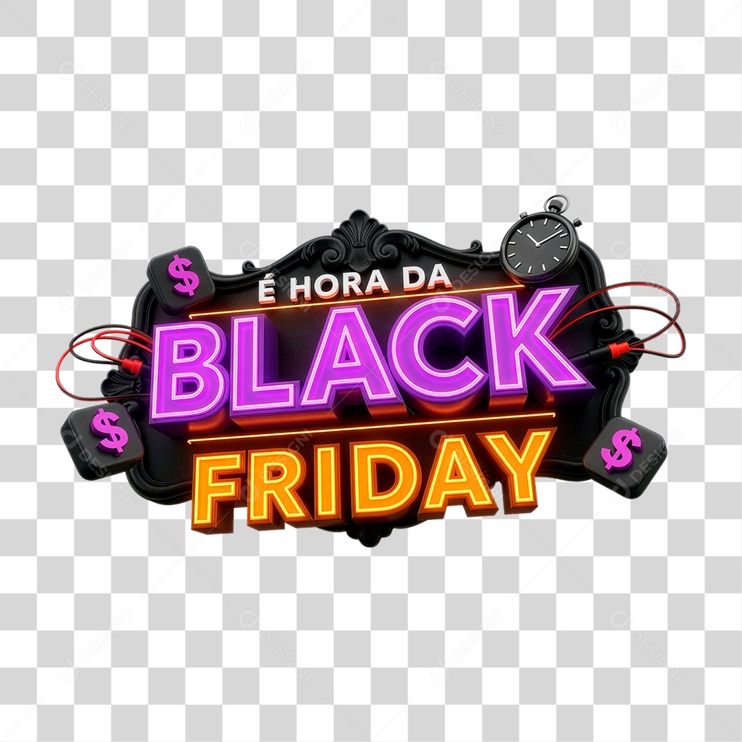 Selo 3D e Hora da Black Friday para Composição PNG Transparente