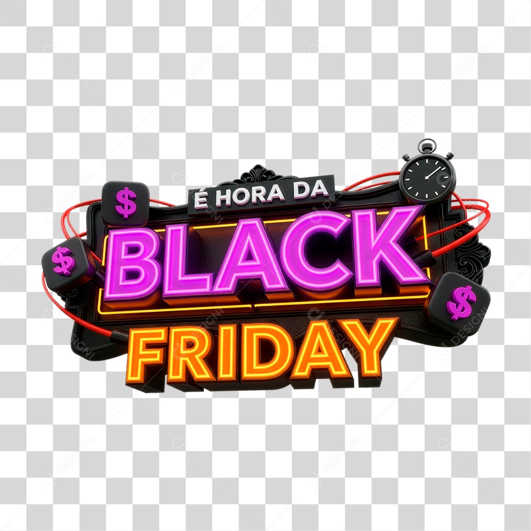 Selo 3D e Hora da Black Friday para Composição PNG Transparente