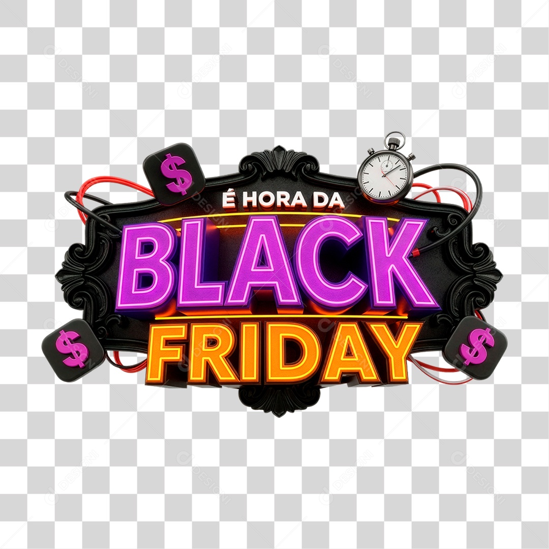 Selo 3D e Hora da Black Friday para Composição PNG Transparente