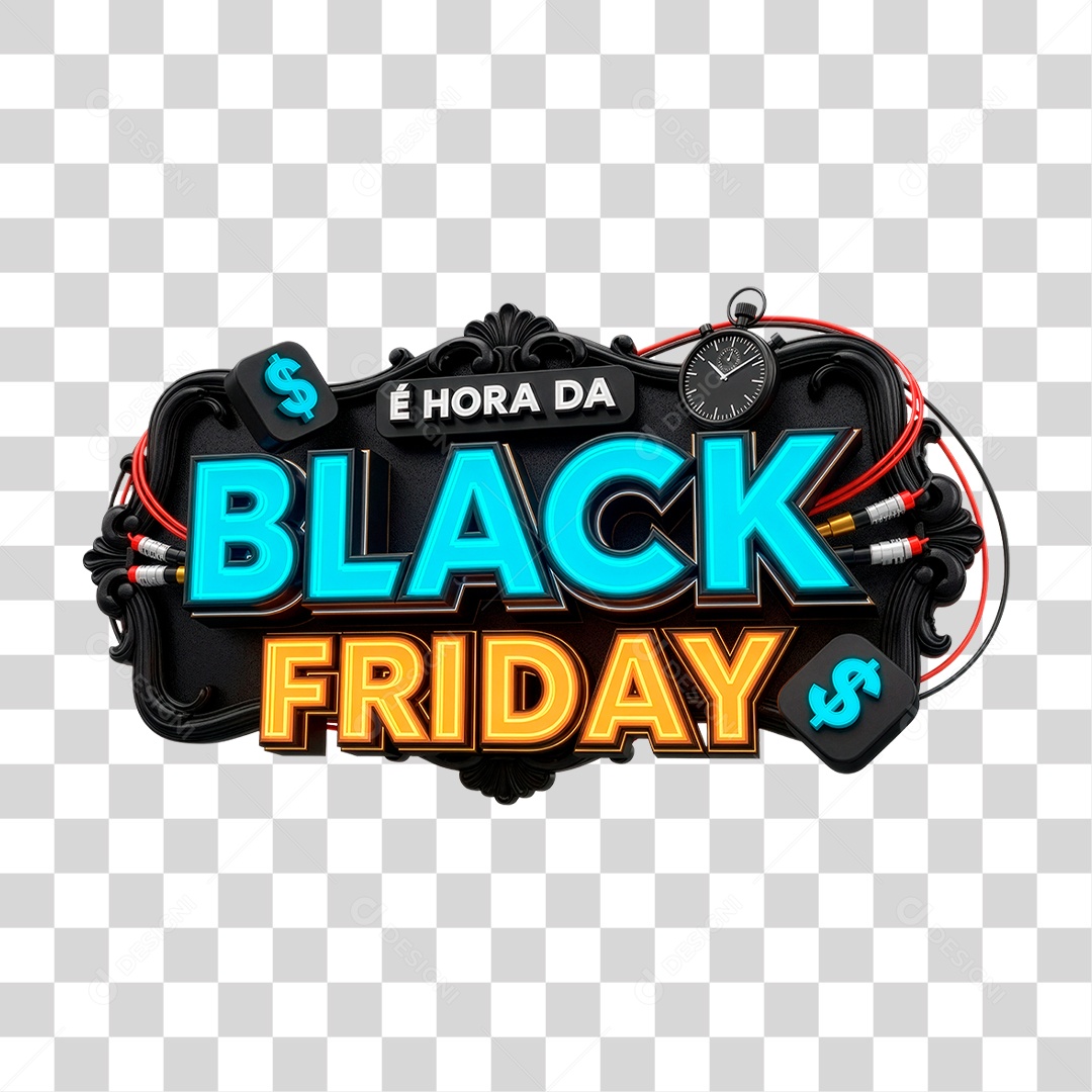Selo 3D e Hora da Black Friday para Composição PNG Transparente
