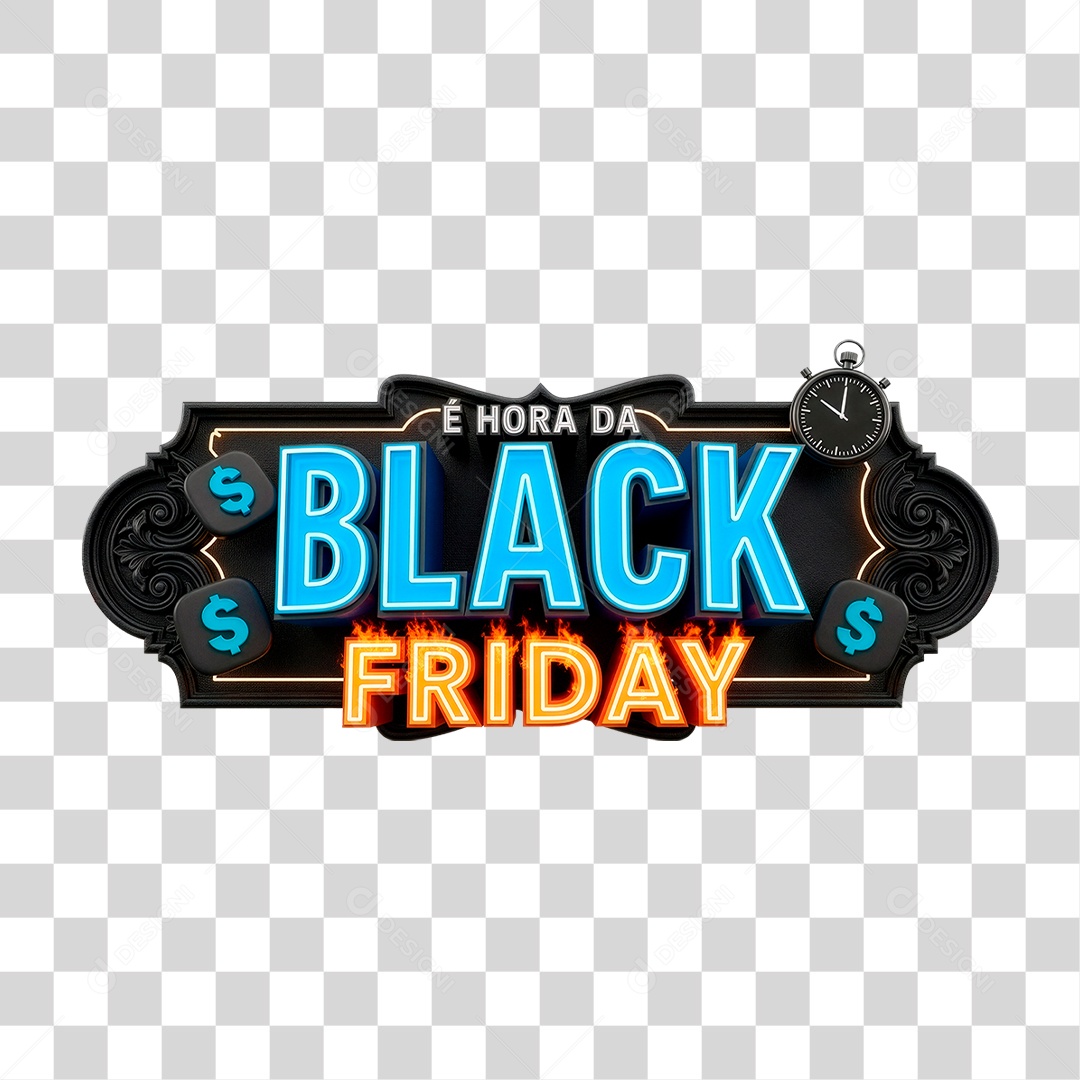 Selo 3D e Hora da Black Friday para Composição PNG Transparente