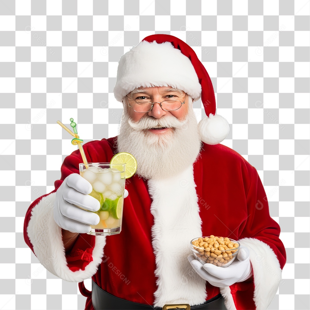 Papai Noel com Copo de Bebida e Amendoins PNG Transparente