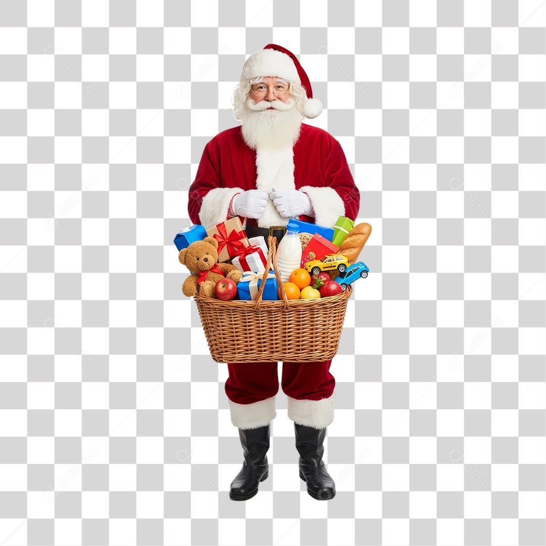 Papai Noel com Cesta de Presentes PNG Transparente