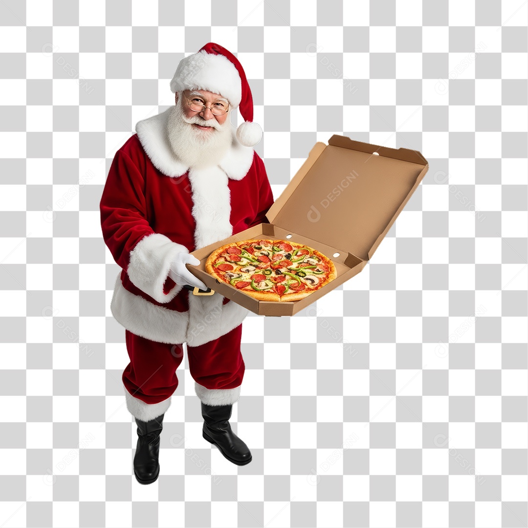 Papai Noel com Caixa de Pizza PNG Transparente