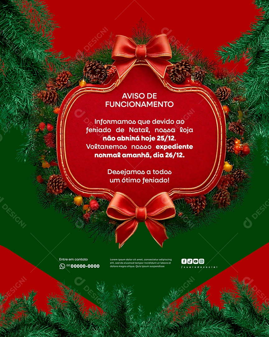 Aviso De Funcionamento De Dezembro Natal Social Media PSD Editável
