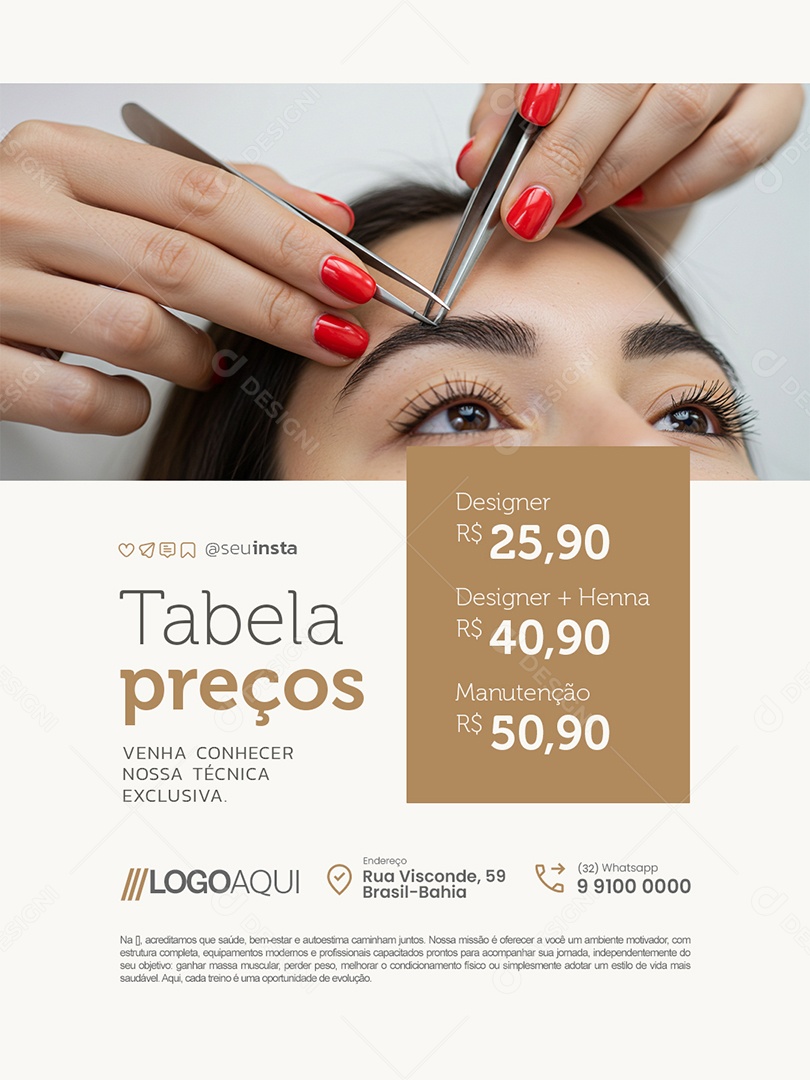 Tabela de Valores Designer e Henna Design de Sobrancelha Social Media PSD Editável