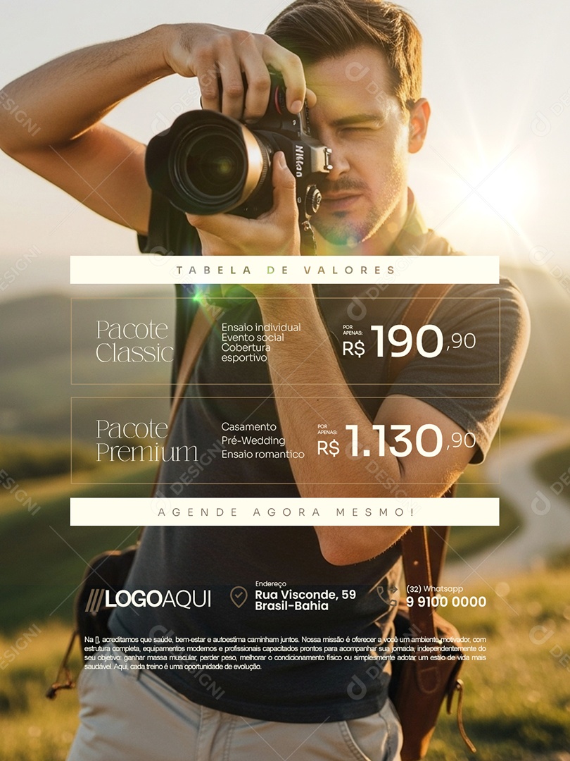 Tabela de Valores Pacote Classic Pacote Premium Fotografo Social Media PSD Editável