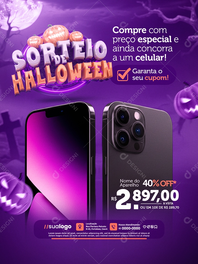 Loja de Celulares Sorteio de Halloween Compre com Preço Especial Social Media PSD Editável