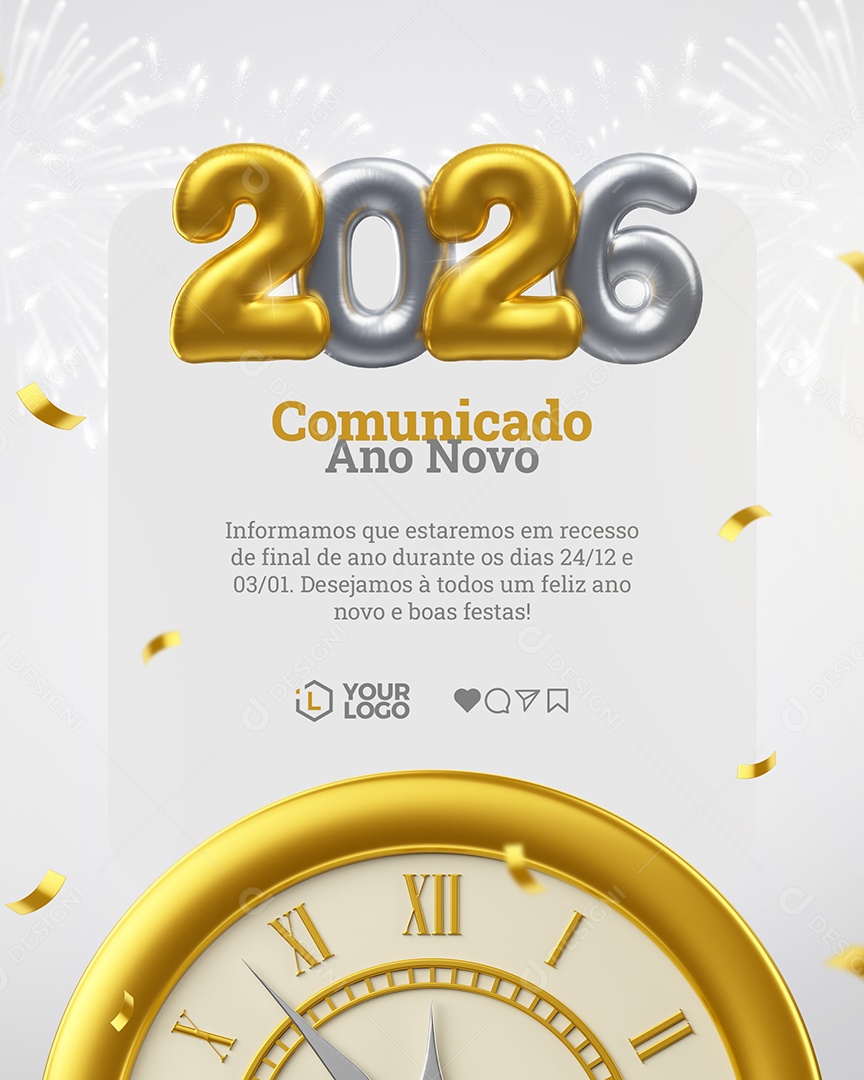Comunicado Ano Novo 2026 Estaremos de Recesso Social Media PSD Editável