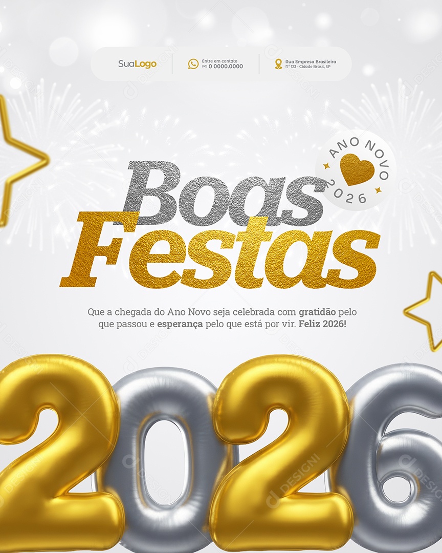 Boas Festas Ano Novo 2026 Feliz 2026 Social Media PSD Editável