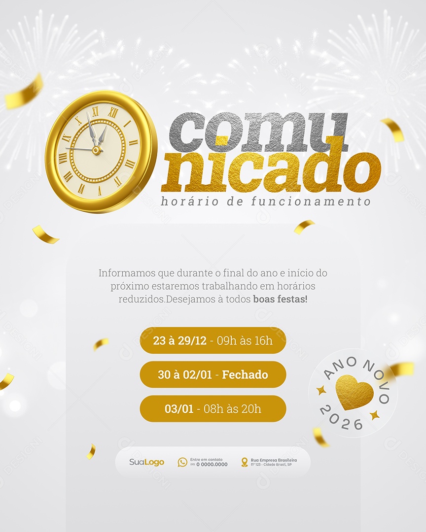 Comunicado Horário de Funcionamento Horários Reduzidos Social Media PSD Editável