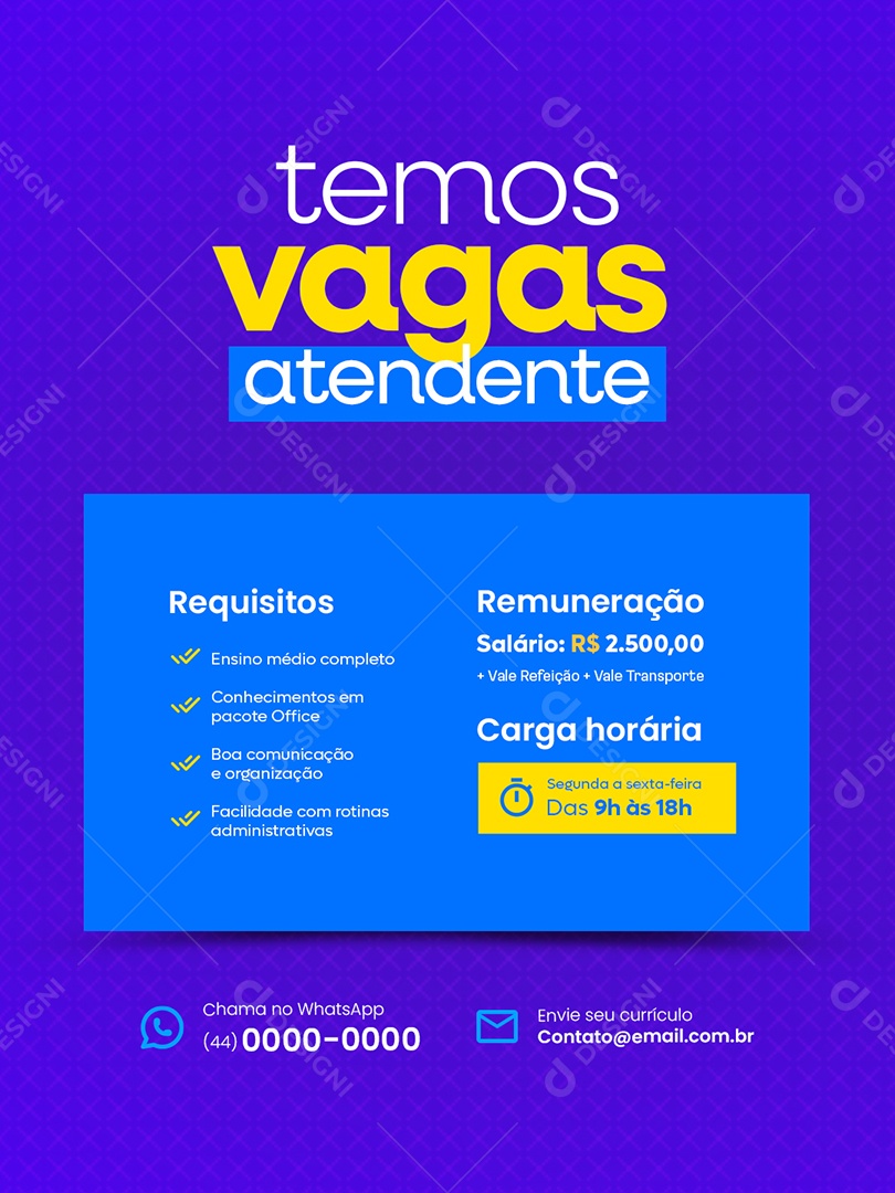 Vaga de Emprego Temos Vagas Atendente Social Media PSD Editável
