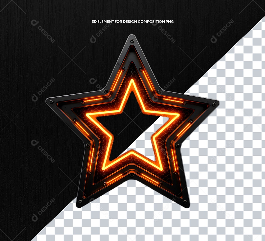Elemento 3D Estrela Metalica com Luz Néon para Composição PSD