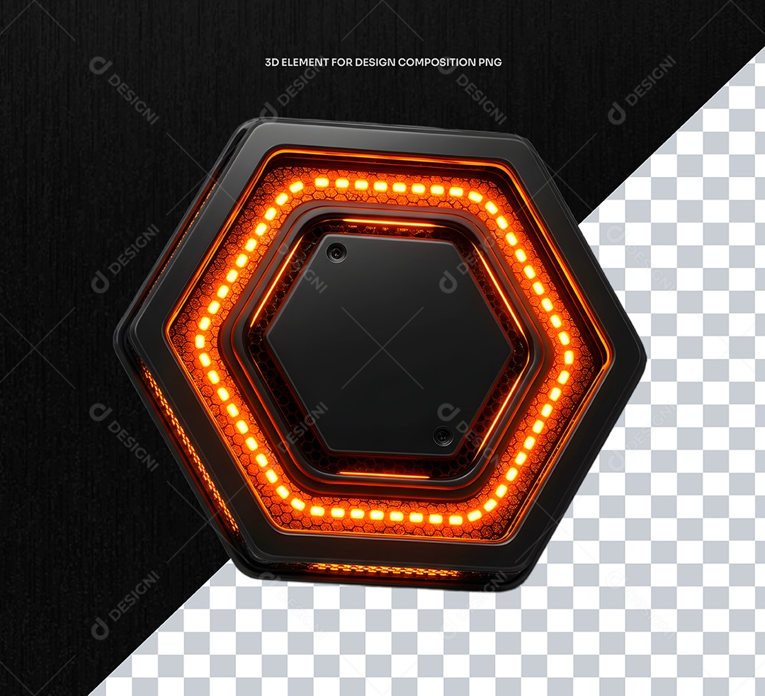 Elemento 3D Hexagono Metálico com Luz Néon para Composição PSD