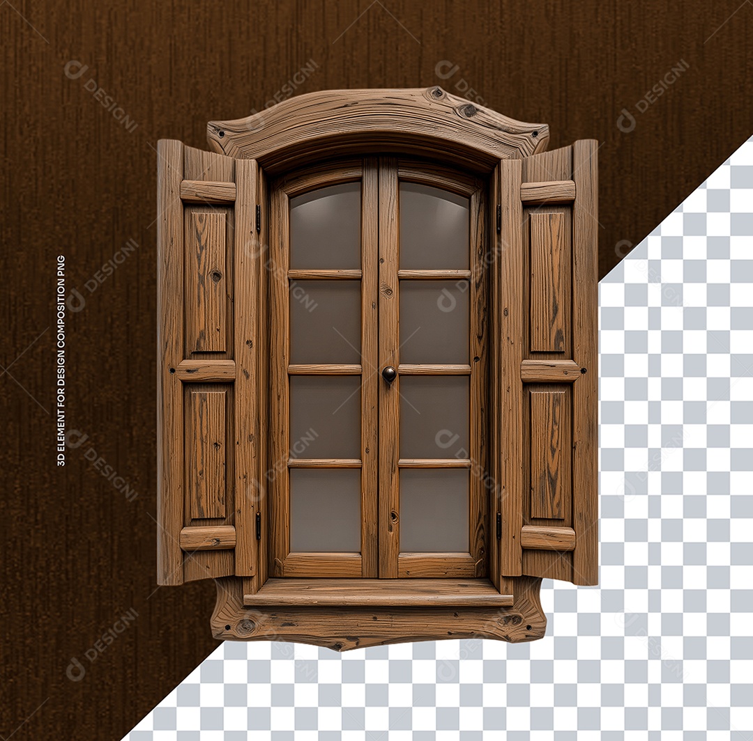Elemento 3D Janela de Madeira para Composição PSD