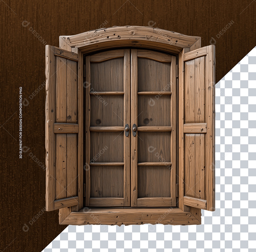 Elemento 3D Janela Fechada de Madeira para Composição PSD