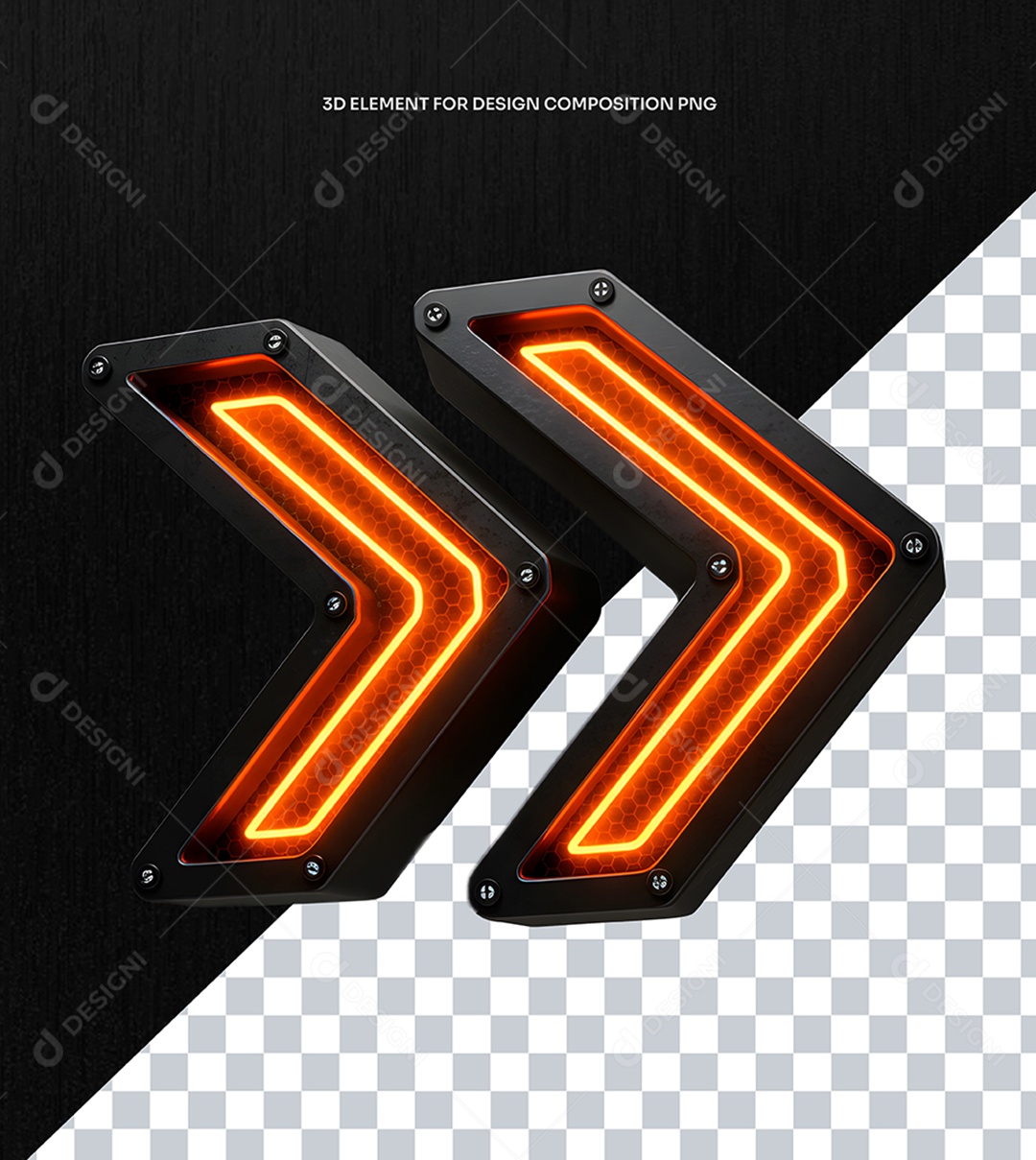 Elemento 3D Seta Dupla Metalica com Luz Néon para Composição PSD