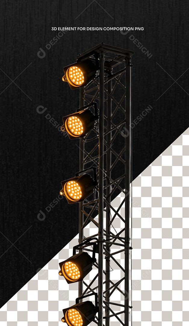 Elemento 3D Torre Metalica com Luz Néon Amarela Direita para Composição PSD