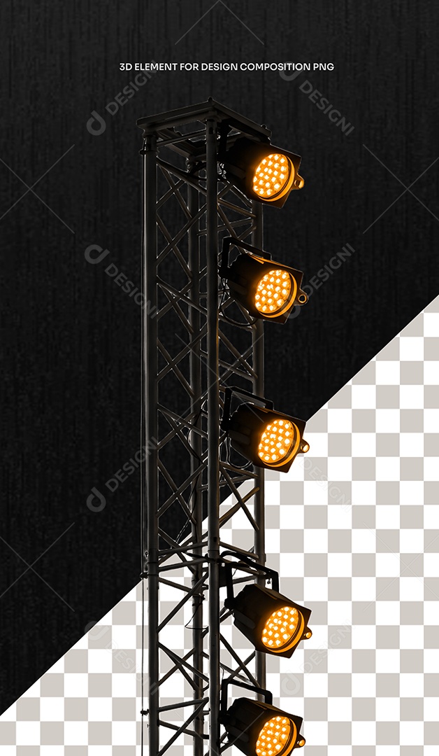 Elemento 3D Torre Metalica com Luz Néon Amarela Esquerda para Composição PSD