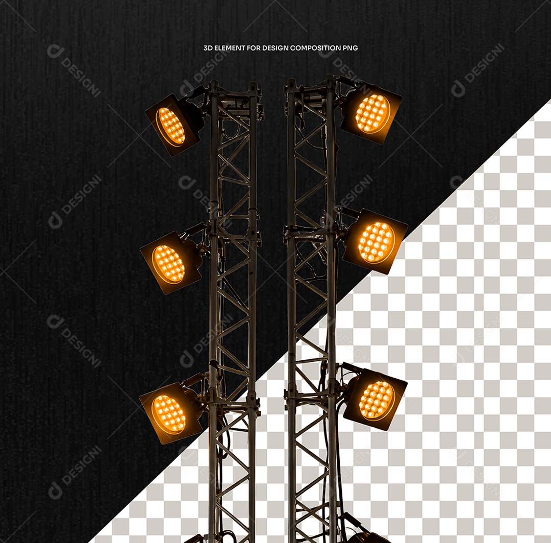 Elemento 3D Torre Metalica com Luz Néon Amarela para Composição PSD