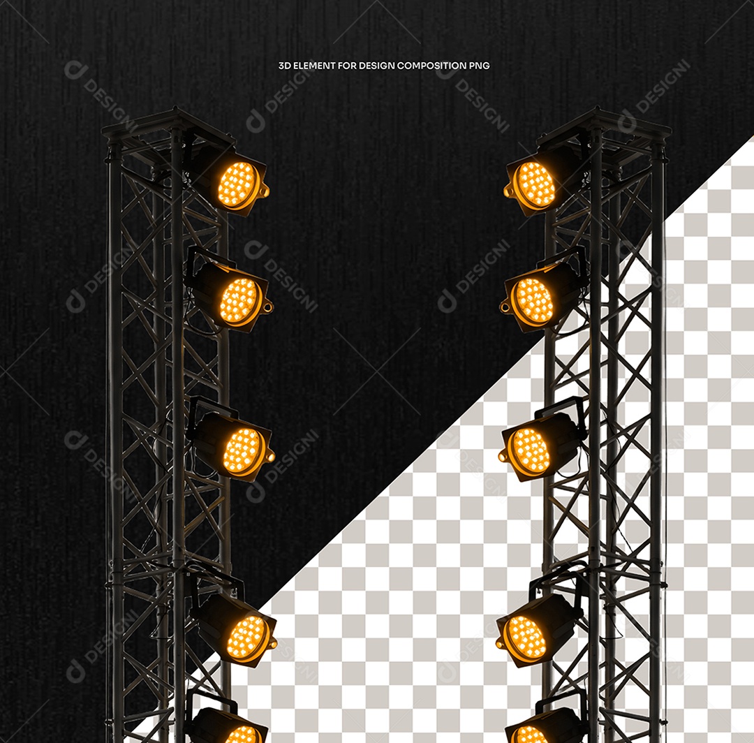 Elemento 3D Torre Metalica com Luz Néon Amarela para Flyer de Eventos Composição PSD