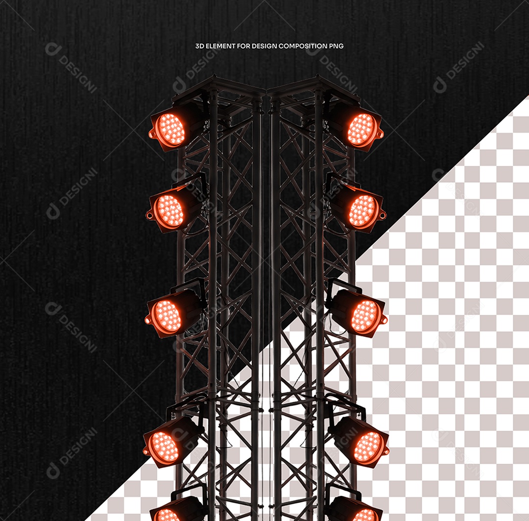 Elemento 3D Torre Metalica com Luz Néon Vermelha para Flyer de Eventos Composição PSD