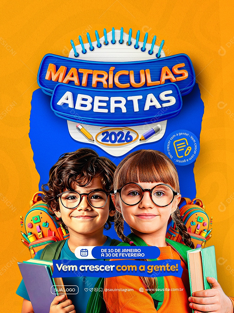 Matriculas Escolares Abertas Social Media PSD Editável