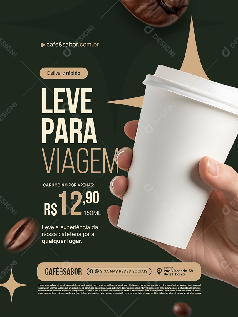 Cafeteria Delivery Rápido Leve para Viagem Social Media PSD Editável