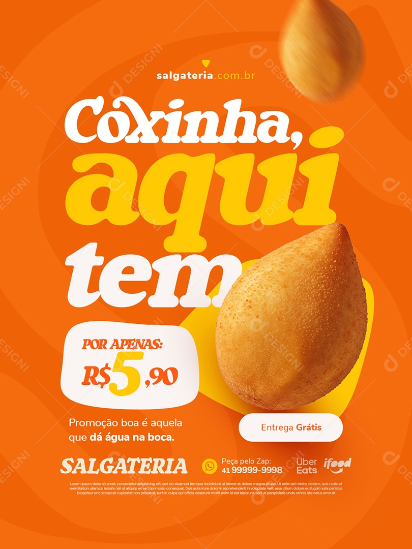 Salgateria Coxinha Aqui Tem Entrega Grátis Social Media PSD Editável