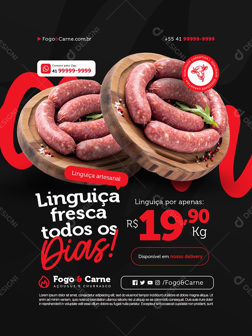 Açougue Linguiça Artesanal Fresca Todos os Dias Social Media PSD Editável