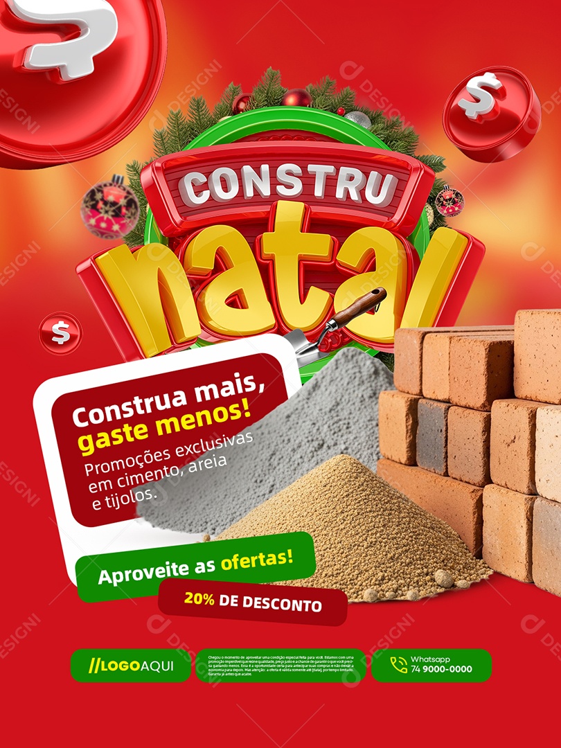 Constru Natal Construa Mais Promoções Exclusivas em Cimento Areia e Tijolos Social Media PSD Editável