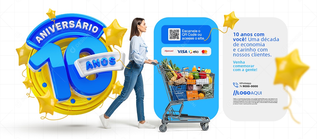 Banner Aniversário 10 Anos Supermercado Venha Comemorar Social Media PSD Editável