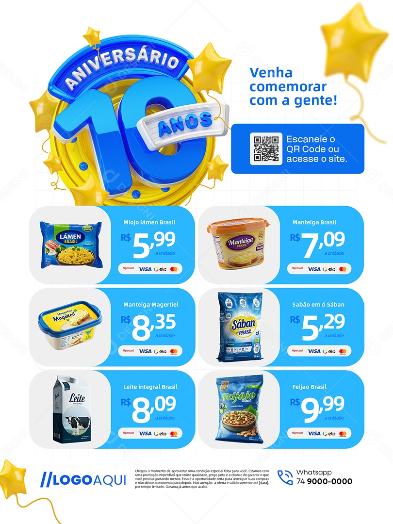 Aniversário 10 Anos Supermercado Encarte Miojo Lámen Manteiga Social Media PSD Editável
