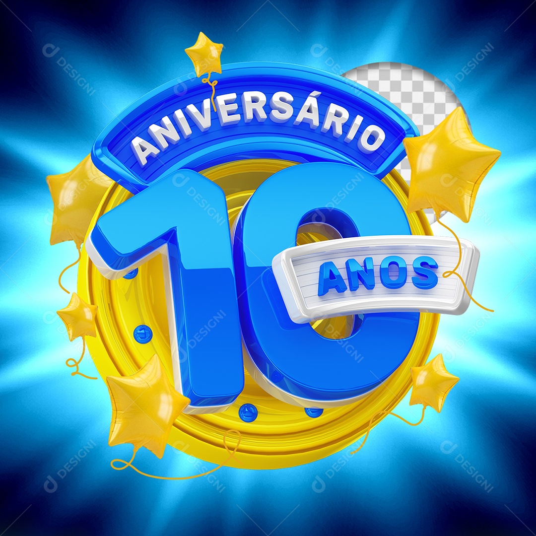 Aniversário Dez Anos Selo 3D para Composição PSD