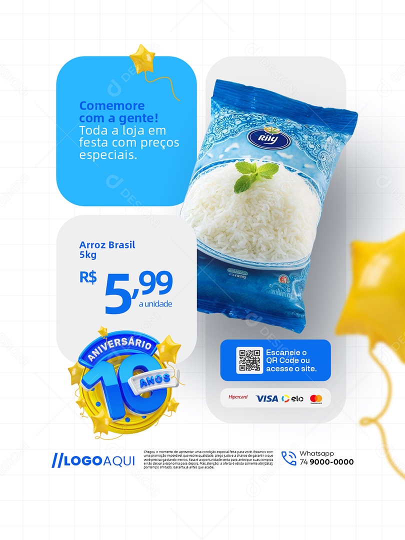 Aniversário 10 Anos Supermercado Arroz Brasil Social Media PSD Editável