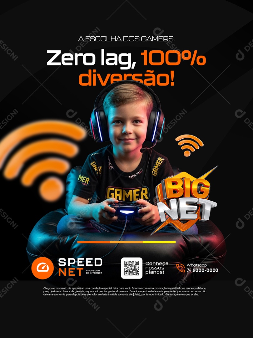 Big Net Provedor de Internet Zero Lag 100% Diversão Social Media PSD Editável