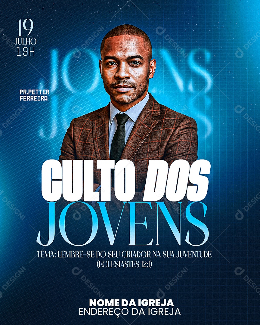 Flyer Gospel Culto dos Jovens Soical Media PSD Editável
