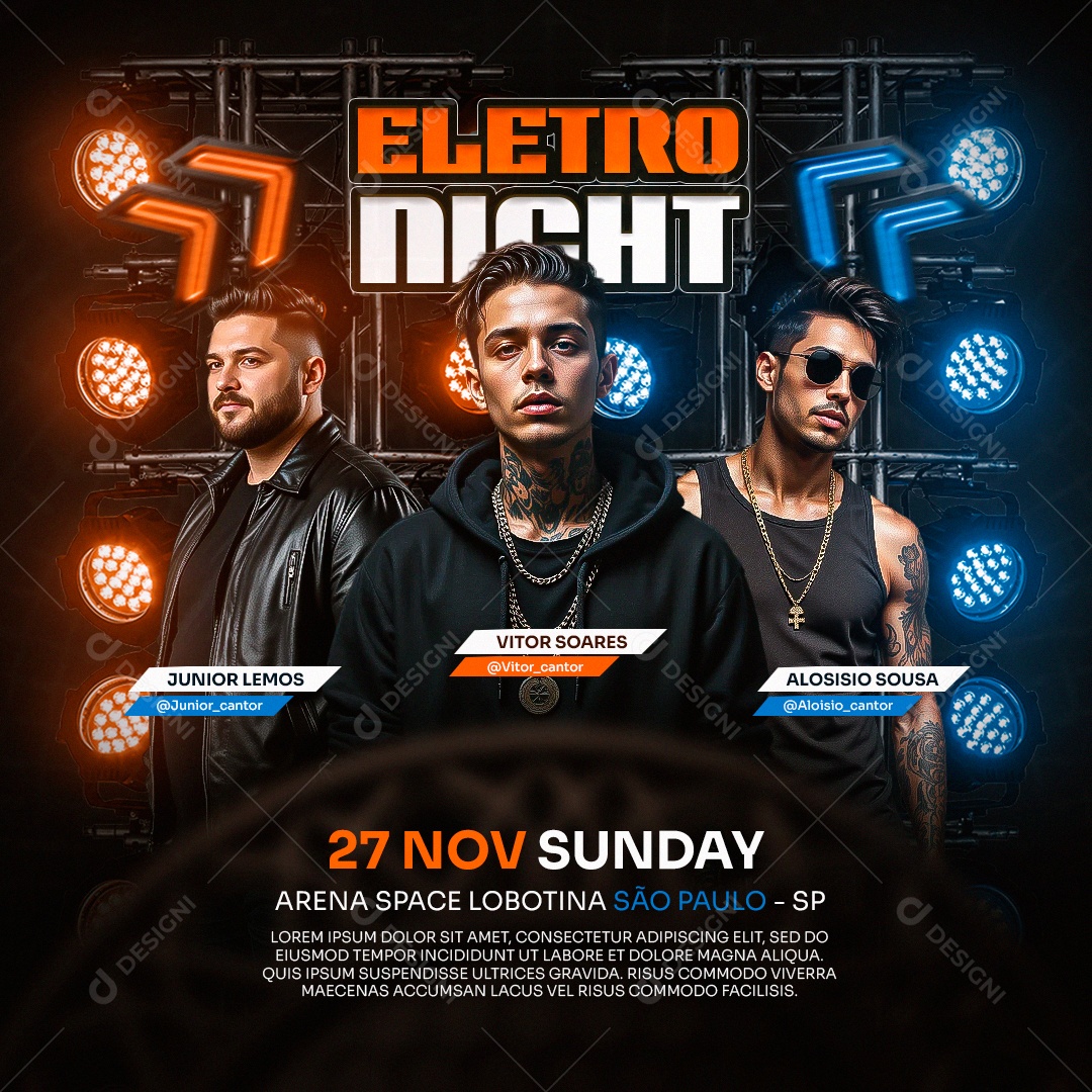 Flyer Feed Eletro Night Laranja e Azul Social Media PSD Editável