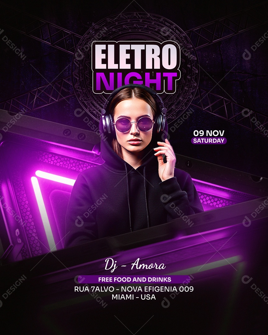 Flyer Feed Eletro Night Roxo Social Media PSD Editável