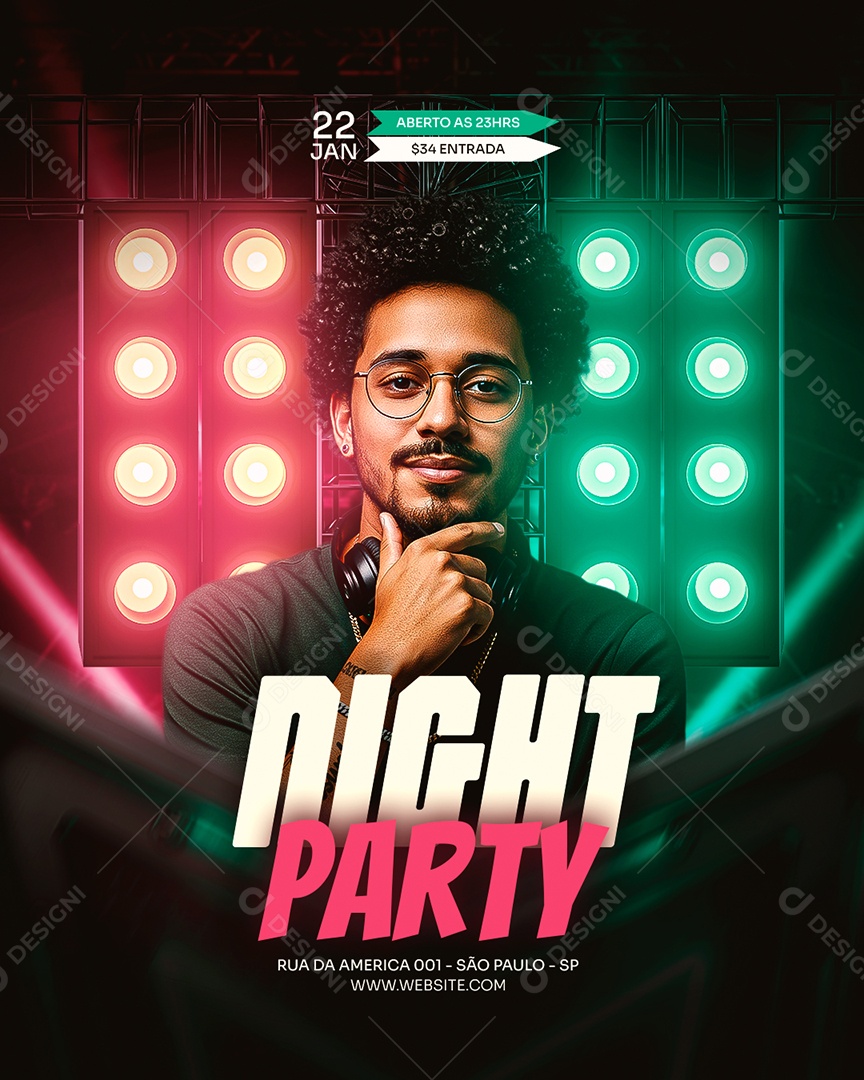 Flyer Feed Night Party Verde e Rosa Social Media PSD Editável